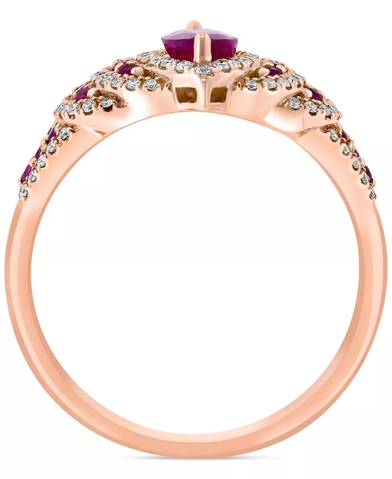 Stunning EFFY® 14K Rose Gold Marquise Halo Statement Ring with 7/8 Ct. T.W. Ruby & Diamond