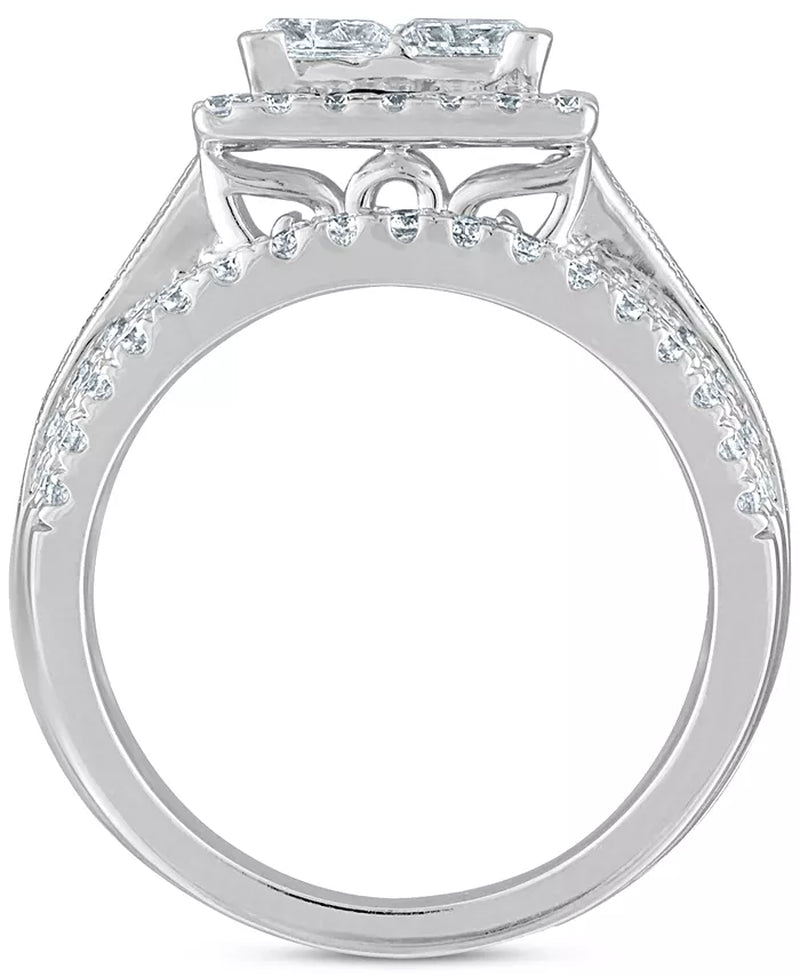 Stunning 3.5 Ct. Diamond Princess Halo Quad Cluster Bridal Set in Luxurious 14K White Gold