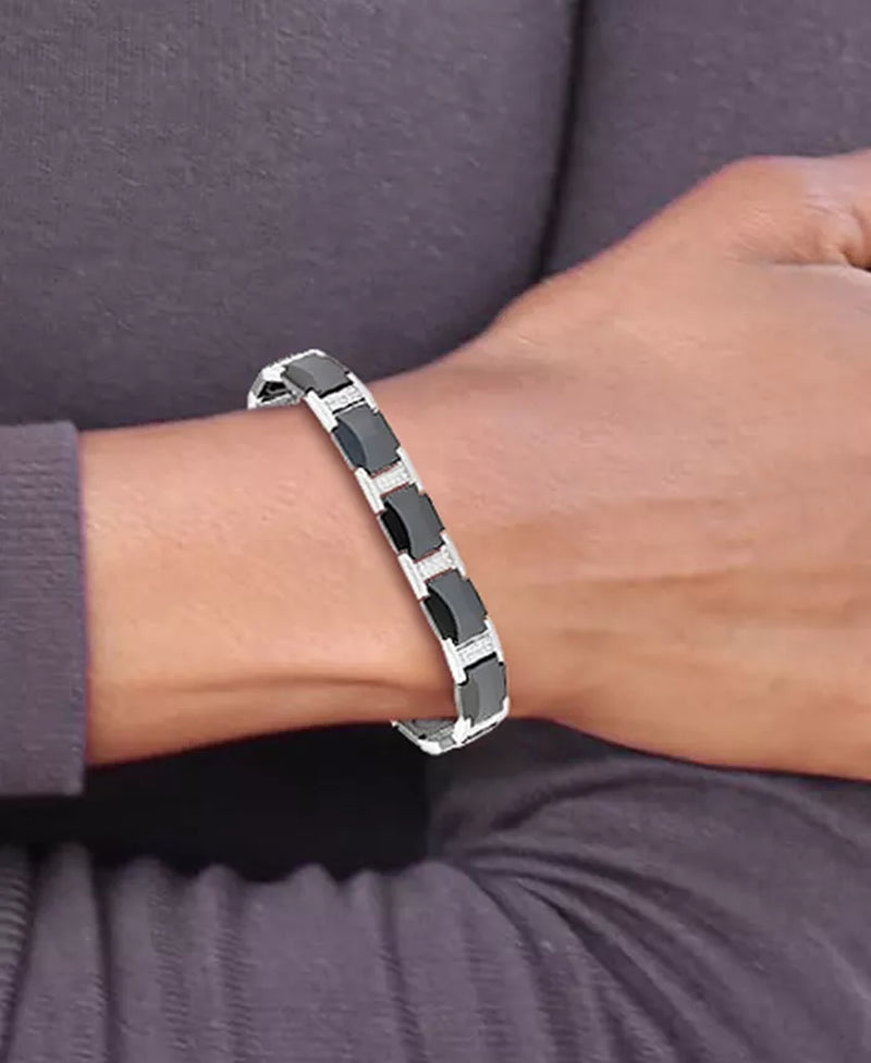 Stylish Men's Diamond & Black Ceramic Link Bracelet in Sterling Silver - 3/8 Ct. T.W.