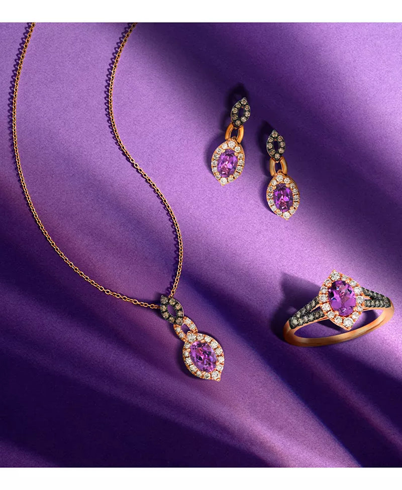 Stunning Grape Amethyst & Diamond Halo Pendant Necklace in 14K Rose Gold - Adjustable 20