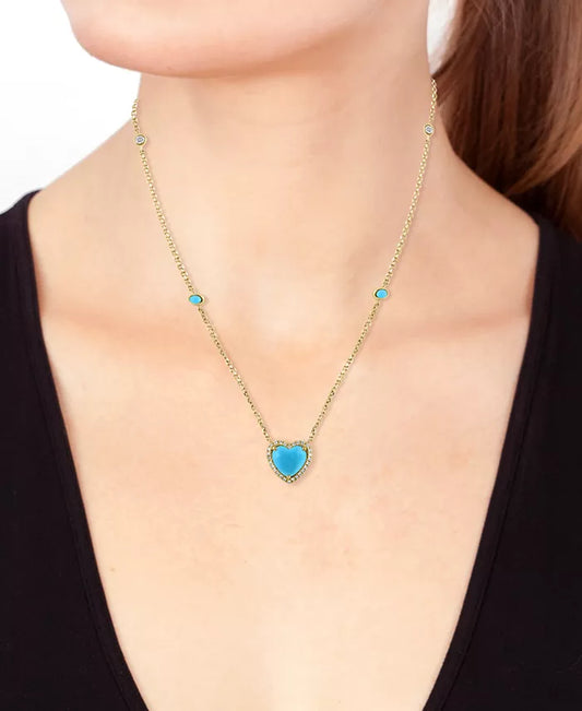 Stunning EFFY® 14K Gold Heart Halo Pendant Necklace with Turquoise & Diamond Accents (1/6 Ct. T.W.) - 16" + 2" Extender