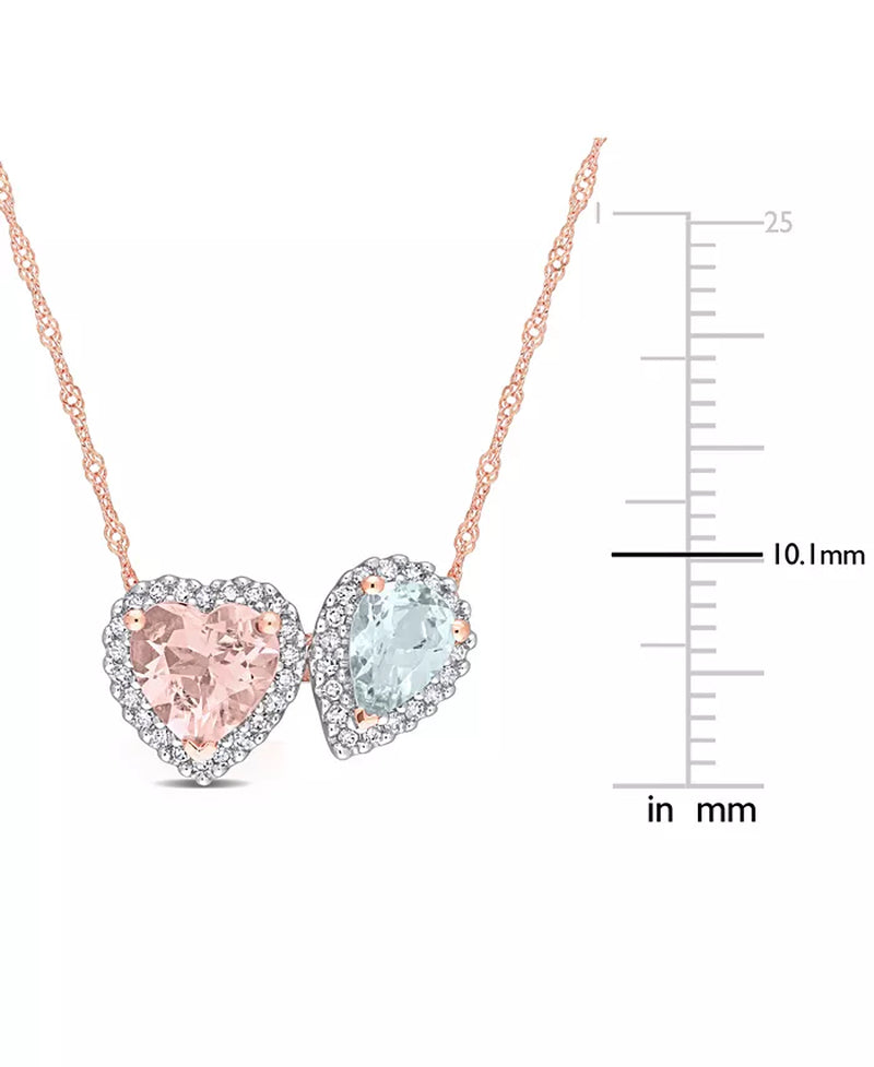 Stunning Two-Stone Halo Pendant Necklace in 14K Rose Gold with Morganite, Aquamarine, and Diamonds