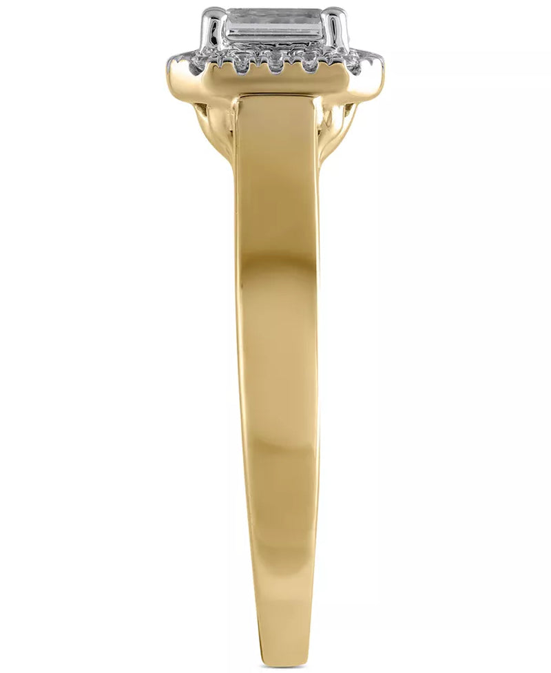 Stunning 1/2 Ct. T.W. Diamond Emerald-Cut Halo Engagement Ring in Luxurious 14K Gold