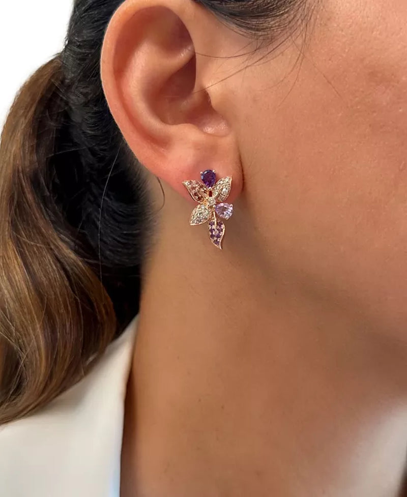 Stunning Multi-Gemstone & Nude Diamond Flower Drop Earrings in 14K Rose Gold - 1-1/2 Ct. T.W.
