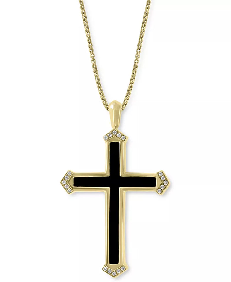 Stunning EFFY® Men's 14K Gold Onyx & Diamond Cross Pendant Necklace - 22" Elegance (1/10 Ct. T.W.)