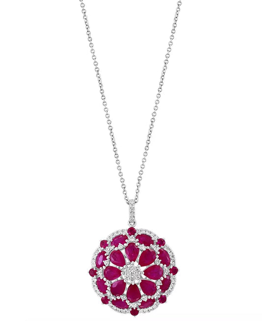 Stunning EFFY® Ruby & Diamond Flower Cluster Pendant Necklace in 14K White Gold - 6-7/8 Ct. T.W. Ruby & 5/8 Ct. T.W. Diamond