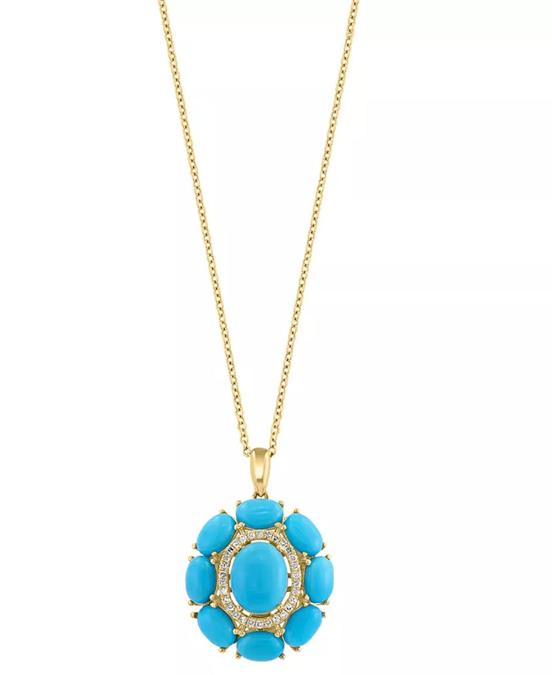 Stunning EFFY® 14K Gold Turquoise & Diamond Halo Pendant Necklace - 1/10 Ct. T.W. - 18" Chain