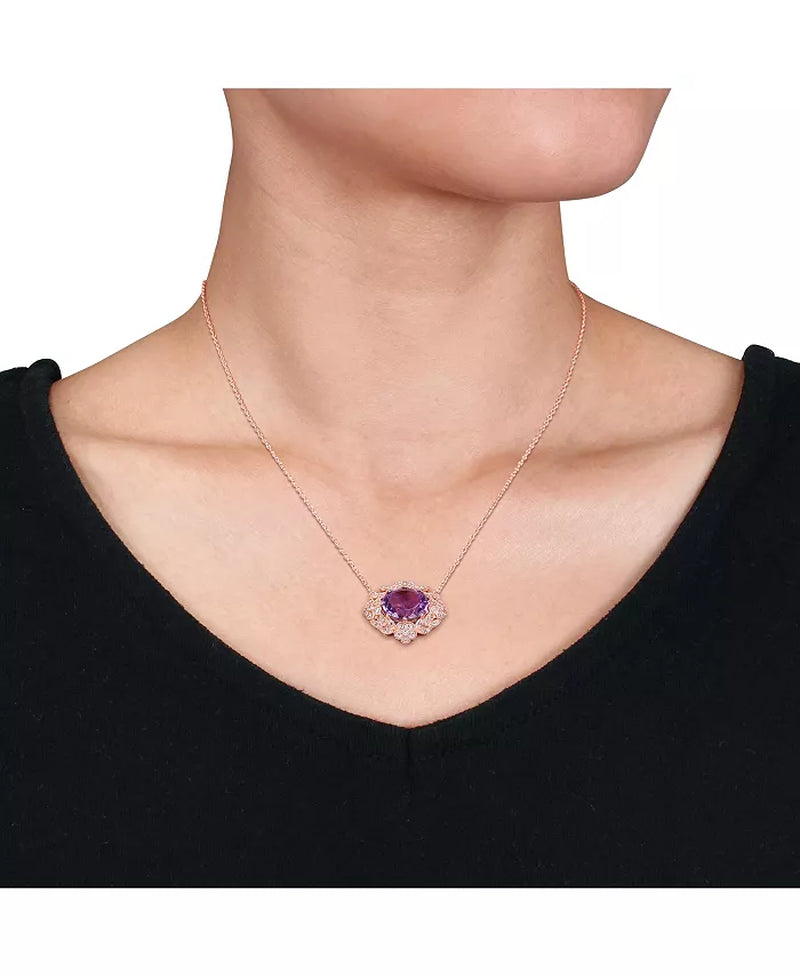 Stunning Floral Vintage Necklace with 4 Ct. Amethyst and 1/5 Ct. Diamond in 14K Rose Gold