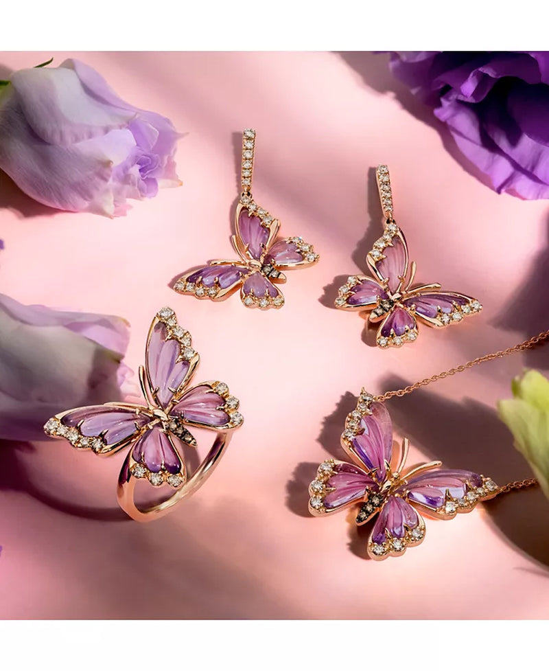 Elegant Grape Amethyst & Diamond Butterfly Pendant Necklace in 14K Rose Gold - 18" with 2" Extender