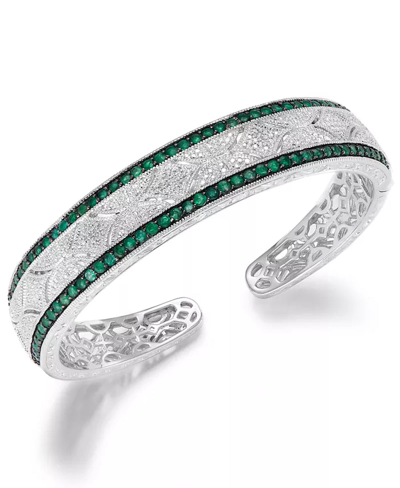 Stunning Antique Sterling Silver Cuff Bracelet with 2-3/8 Ct. T.W. Sapphire and 1/10 Ct. T.W. Diamond - Available in Emerald and Ruby!