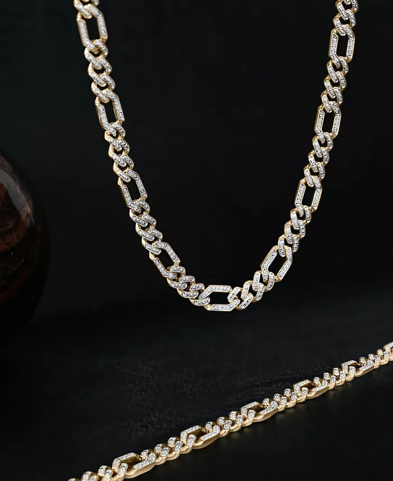 Men's 10K Gold Diamond Figaro Link Bracelet Necklace - 1 Ct. T.W. Luxury Elegance