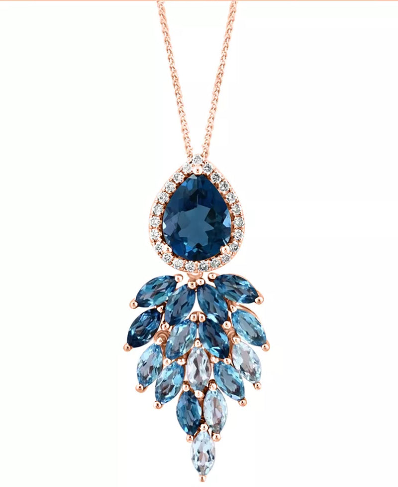 Stunning Cascading Pendant Necklace in 14K Rose Gold with London Blue Topaz, Sky Blue Topaz, and Diamonds - 16" + 2" Extender