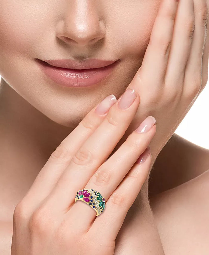 Stunning EFFY® 14K Gold Flower Openwork Ring with Multi-Gemstones (2-3/4 Ct. T.W.) & Diamonds (1/4 Ct. T.W.)