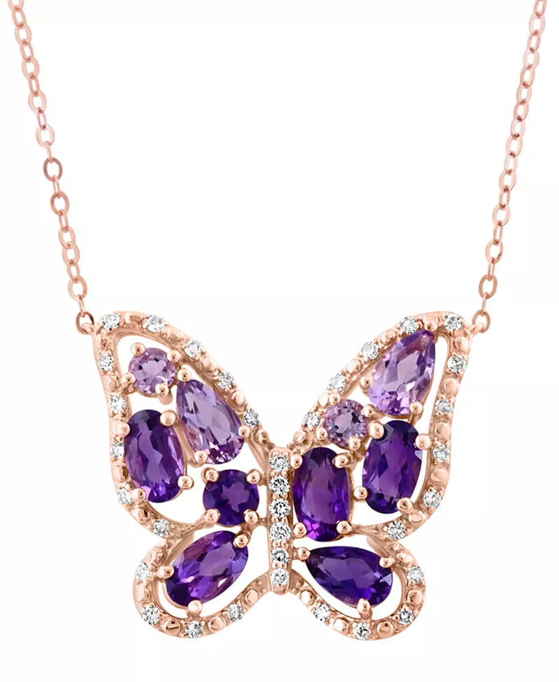 Stunning Multi-Gemstone & Diamond Butterfly Pendant Necklace in 14K Gold - 16" + 2" Extender (Also Available in Amethyst)