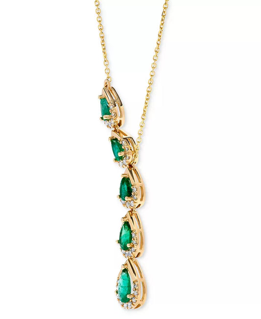 Stunning 14K Gold Lariat Necklace with 1-5/8 Ct. Emerald & 1/3 Ct. Diamond Accents - 16" Length