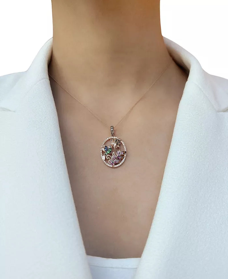 Stunning 14K Gold Hummingbird Pendant Necklace with Multi-Gemstones & Diamonds - 1 Ct. T.W. - Adjustable 20
