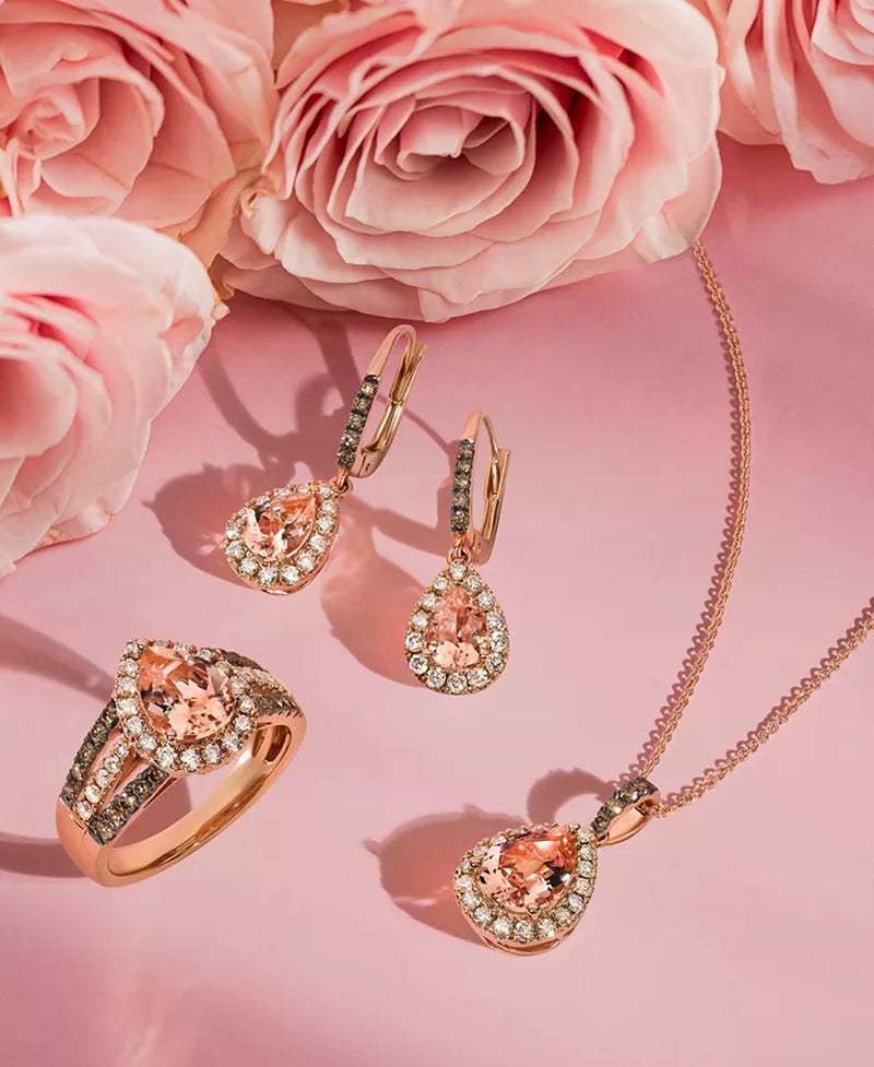 Stunning 14K Strawberry Gold Pendant Necklace with Peach Morganite, Nude & Chocolate Diamonds - Adjustable 20" Length