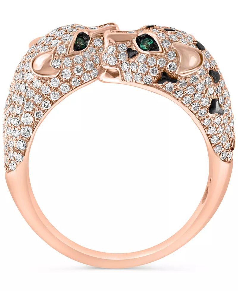 Stunning EFFY® Double Panther Head Ring in 14K Rose Gold with Diamonds and Emeralds