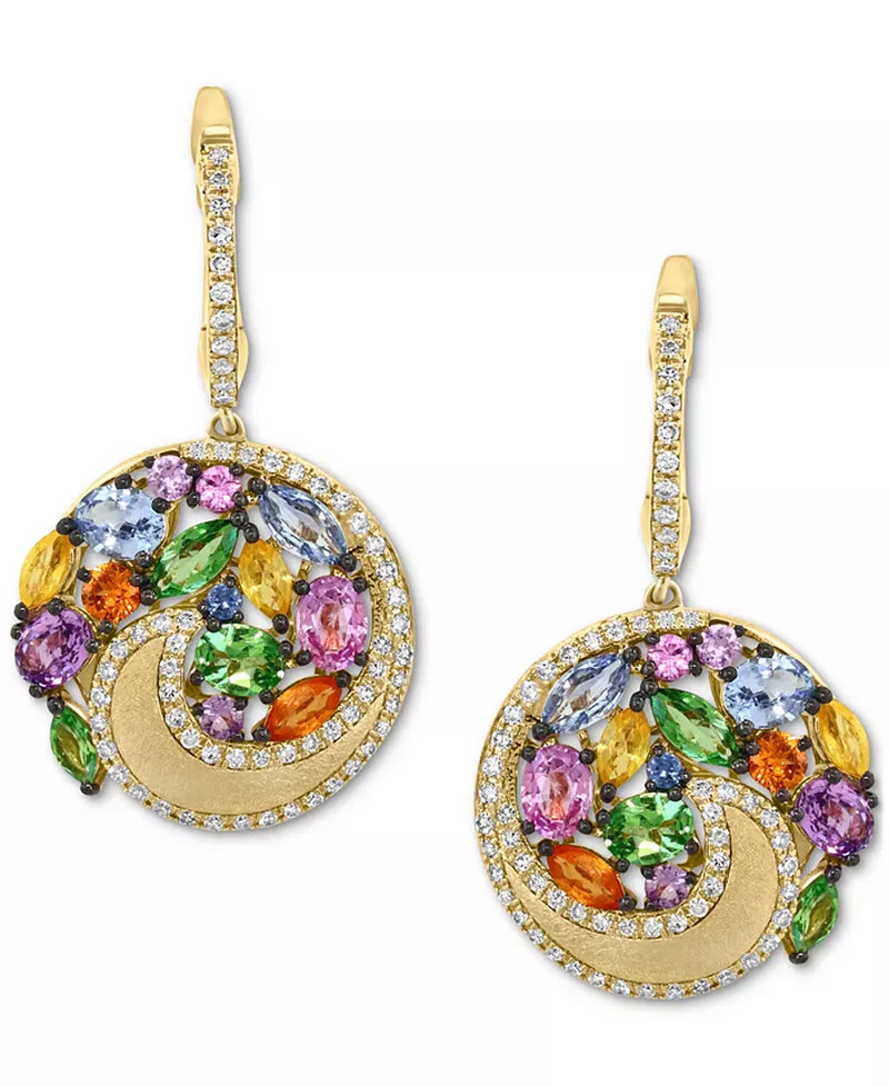 Stunning EFFY® 14K Gold Multi-Gemstone & Diamond Swirling Circle Dangle Hoop Earrings - 3-1/6 Ct. T.W.