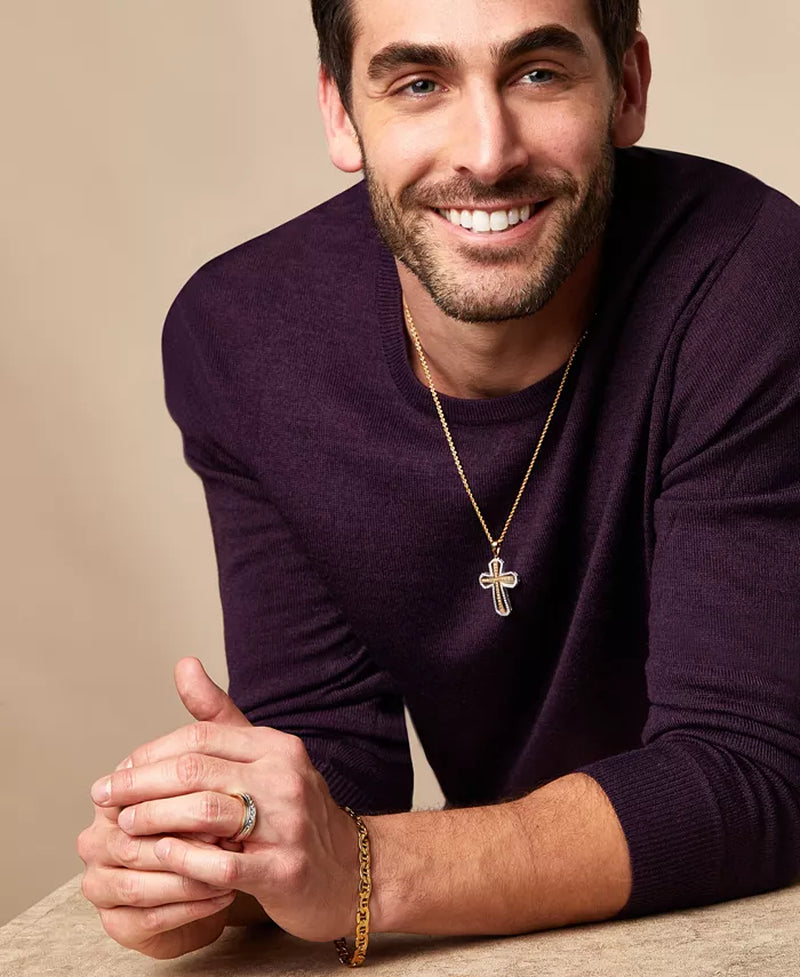 Stunning 1 Ct. Lab Grown Diamond Cross Pendant Necklace for Men in 14K Two-Tone Gold - 22" Chain