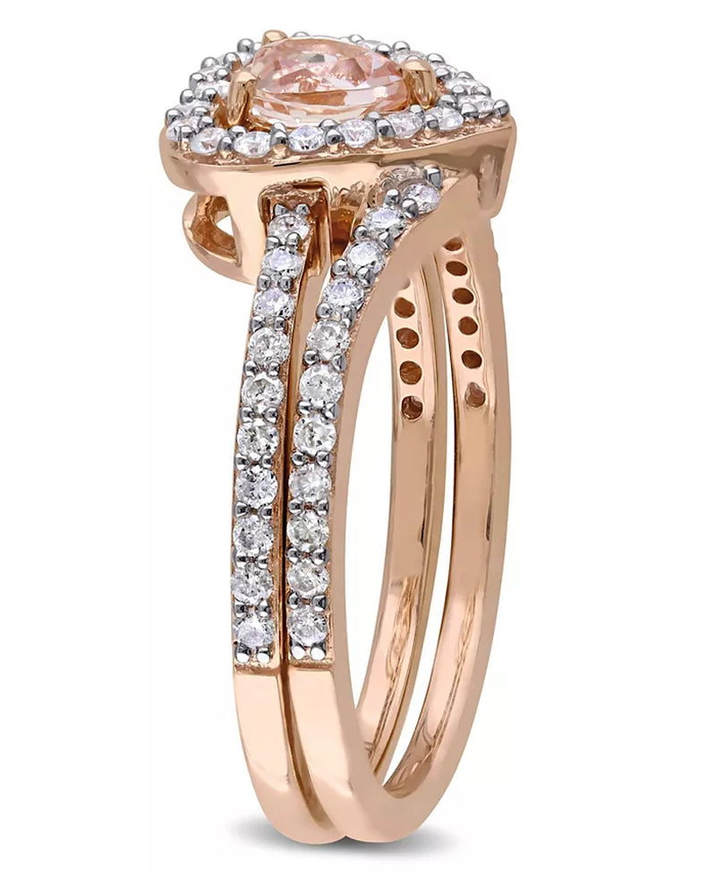Stunning Morganite and Diamond Heart Halo Interlocking Bridal Ring Set