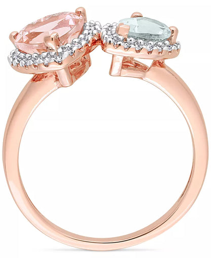 Stunning Two-Stone Morganite & Aquamarine Ring with Diamonds in 14K Rose Gold
