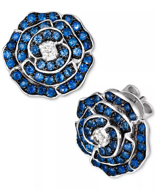 Stunning 14K White Gold Flower Stud Earrings with Denim Ombré and Nude Diamonds - 1.6 Ct. T.W.