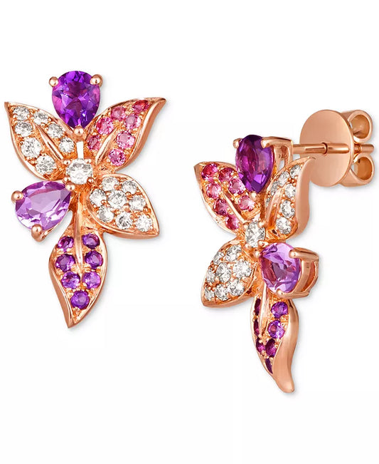 Stunning Multi-Gemstone & Nude Diamond Flower Drop Earrings in 14K Rose Gold - 1-1/2 Ct. T.W.