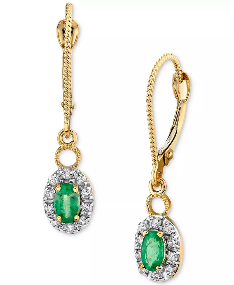 Stunning 14K Gold Emerald & Diamond Halo Drop Earrings - 1/2 Ct. T.W. Emerald & 1/5 Ct. T.W. Diamond