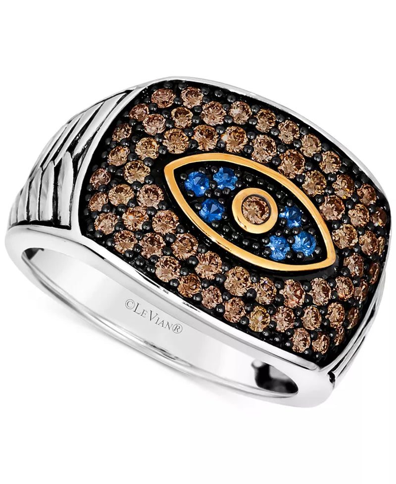 Chocolatier® Men's Blueberry Sapphire & Chocolate Diamond Evil Eye Ring in 14K Two-Tone Gold - 1/6 Ct. T.W. & 1-1/4 Ct. T.W.