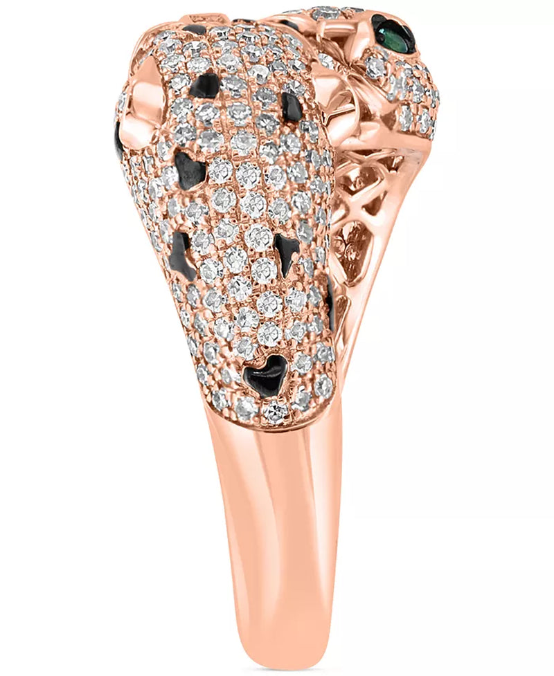 Stunning EFFY® Double Panther Head Ring in 14K Rose Gold with Diamonds and Emeralds