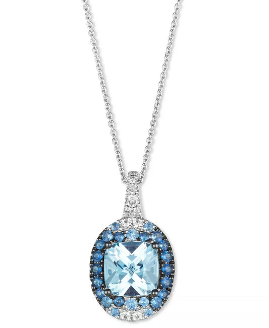 Stunning Multi-Gemstone & Nude Diamond Halo Pendant Necklace in 14K White Gold - Adjustable 20