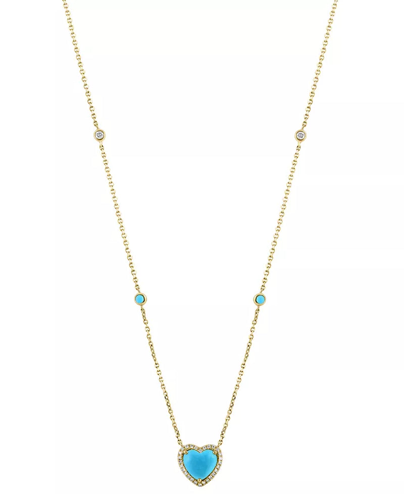 Stunning EFFY® 14K Gold Heart Halo Pendant Necklace with Turquoise & Diamond Accents (1/6 Ct. T.W.) - 16" + 2" Extender