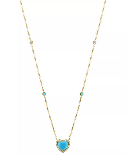 Stunning EFFY® 14K Gold Heart Halo Pendant Necklace with Turquoise & Diamond Accents (1/6 Ct. T.W.) - 16" + 2" Extender