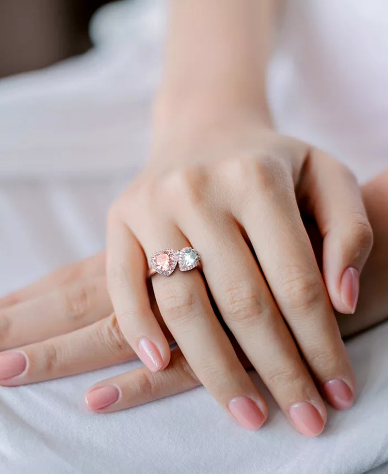 Stunning Two-Stone Morganite & Aquamarine Ring with Diamonds in 14K Rose Gold