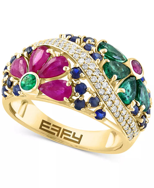 Stunning EFFY® 14K Gold Flower Openwork Ring with Multi-Gemstones (2-3/4 Ct. T.W.) & Diamonds (1/4 Ct. T.W.)