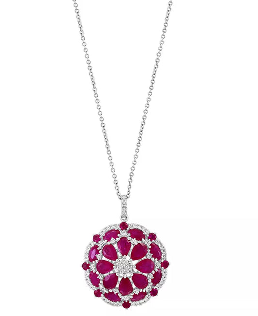 Stunning EFFY® Ruby & Diamond Flower Cluster Pendant Necklace in 14K White Gold - 6-7/8 Ct. T.W. Ruby & 5/8 Ct. T.W. Diamond