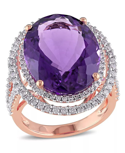 Stunning Amethyst and Diamond Double Halo Ring in 14K Rose Gold - 19.33 Ct. T.W.
