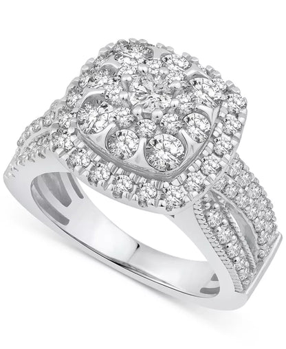 Stunning 2 Ct. Diamond Square Cluster Engagement Ring in 14K White Gold