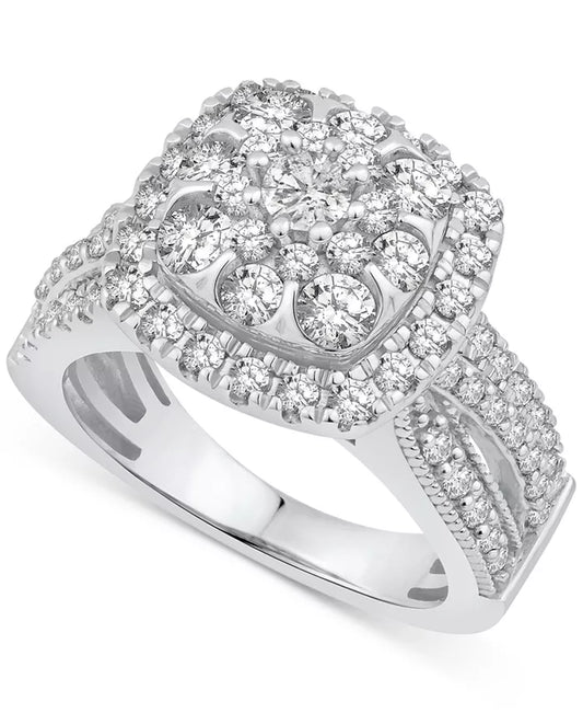 Stunning 2 Ct. Diamond Square Cluster Engagement Ring in 14K White Gold