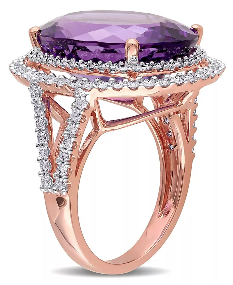 Stunning Amethyst and Diamond Double Halo Ring in 14K Rose Gold - 19.33 Ct. T.W.