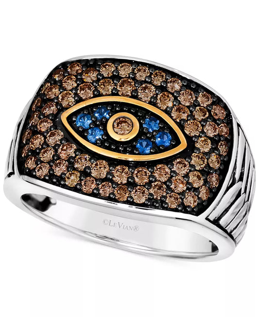 Chocolatier® Men's Blueberry Sapphire & Chocolate Diamond Evil Eye Ring in 14K Two-Tone Gold - 1/6 Ct. T.W. & 1-1/4 Ct. T.W.