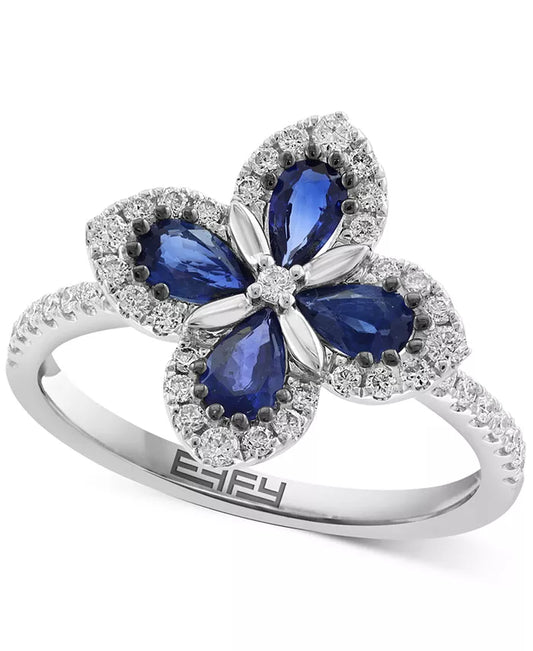 Stunning EFFY® Blue Sapphire & Diamond Flower Ring in 14K White Gold - 3/4 Ct. T.W. Sapphire & 1/3 Ct. T.W. Diamond
