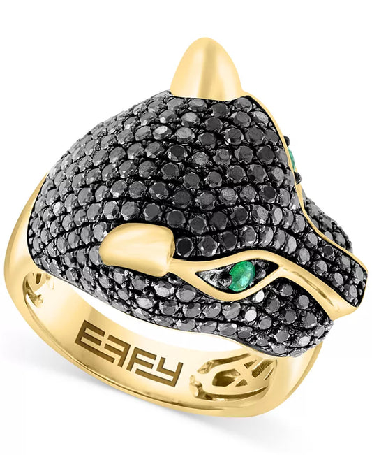 Stunning EFFY® 14K Gold Panther Head Ring with 1-3/4 Ct. T.W. Black Diamonds & 1/10 Ct. T.W. Emeralds