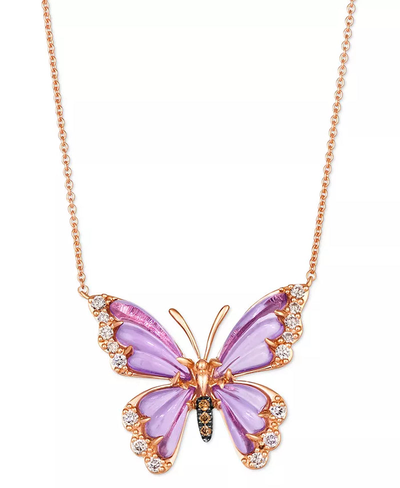Elegant Grape Amethyst & Diamond Butterfly Pendant Necklace in 14K Rose Gold - 18" with 2" Extender