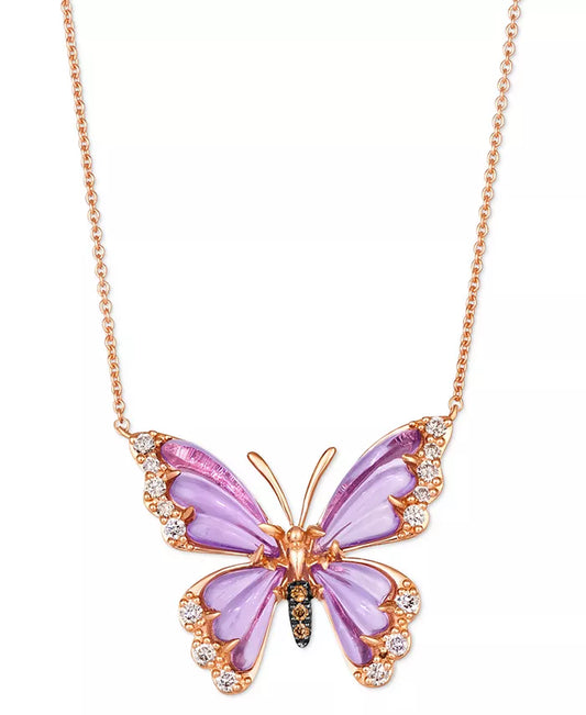 Elegant Grape Amethyst & Diamond Butterfly Pendant Necklace in 14K Rose Gold - 18