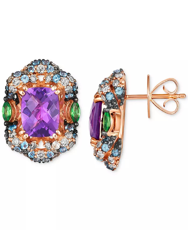 Stunning Multi-Gemstone & Nude Diamond Halo Cluster Stud Earrings in 14K Rose Gold - 4.5 Ct. T.W.