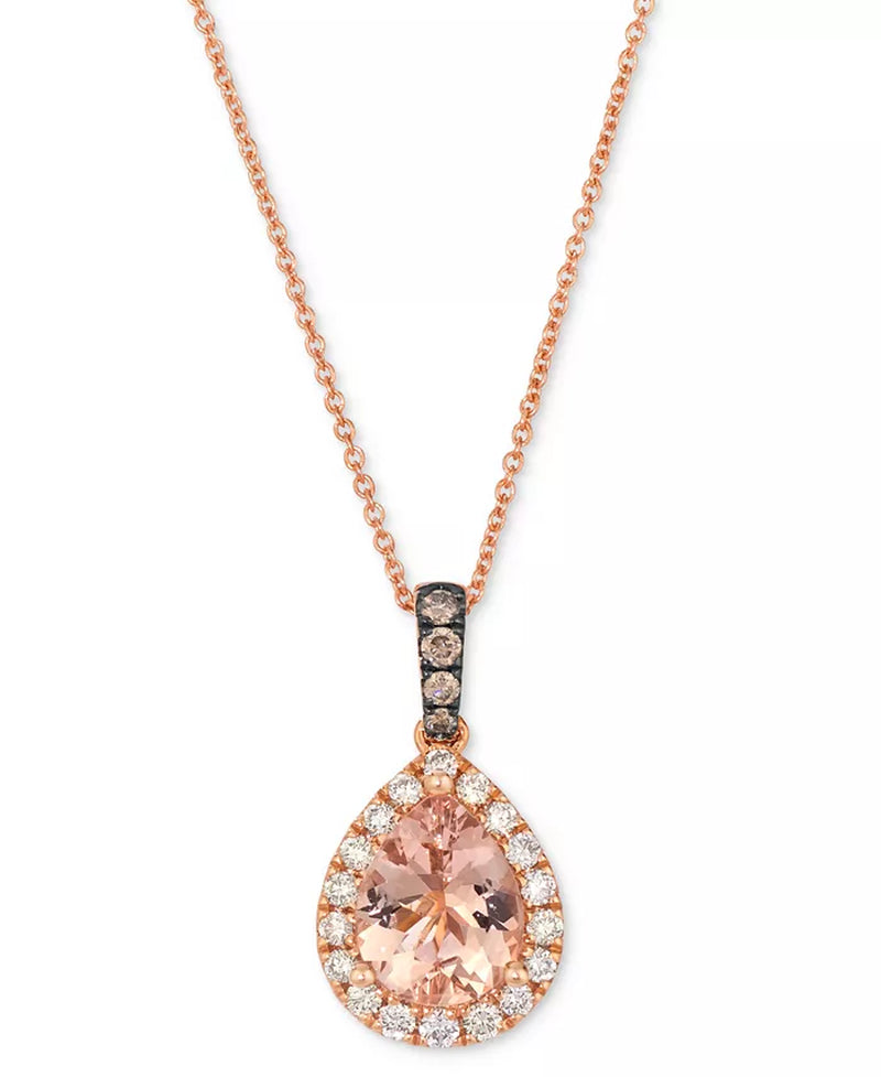 Stunning 14K Strawberry Gold Pendant Necklace with Peach Morganite, Nude & Chocolate Diamonds - Adjustable 20" Length