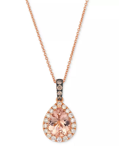 Stunning 14K Strawberry Gold Pendant Necklace with Peach Morganite, Nude & Chocolate Diamonds - Adjustable 20" Length