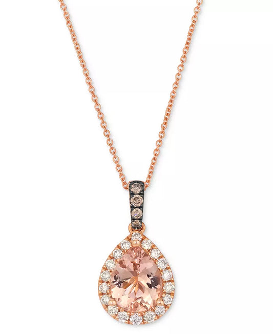 Stunning 14K Strawberry Gold Pendant Necklace with Peach Morganite, Nude & Chocolate Diamonds - Adjustable 20